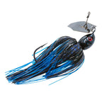 Blue-black chatterbait lure with red eye and black-blue skirt