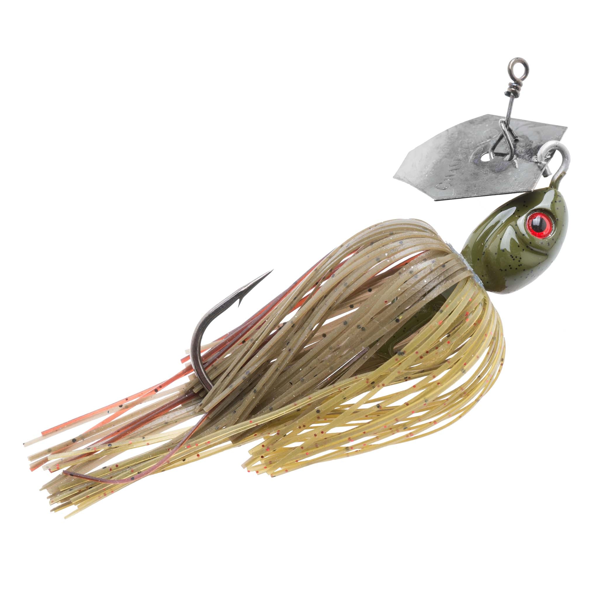 Chatterbait fishing lure with olive head, red eye, and beige skirt