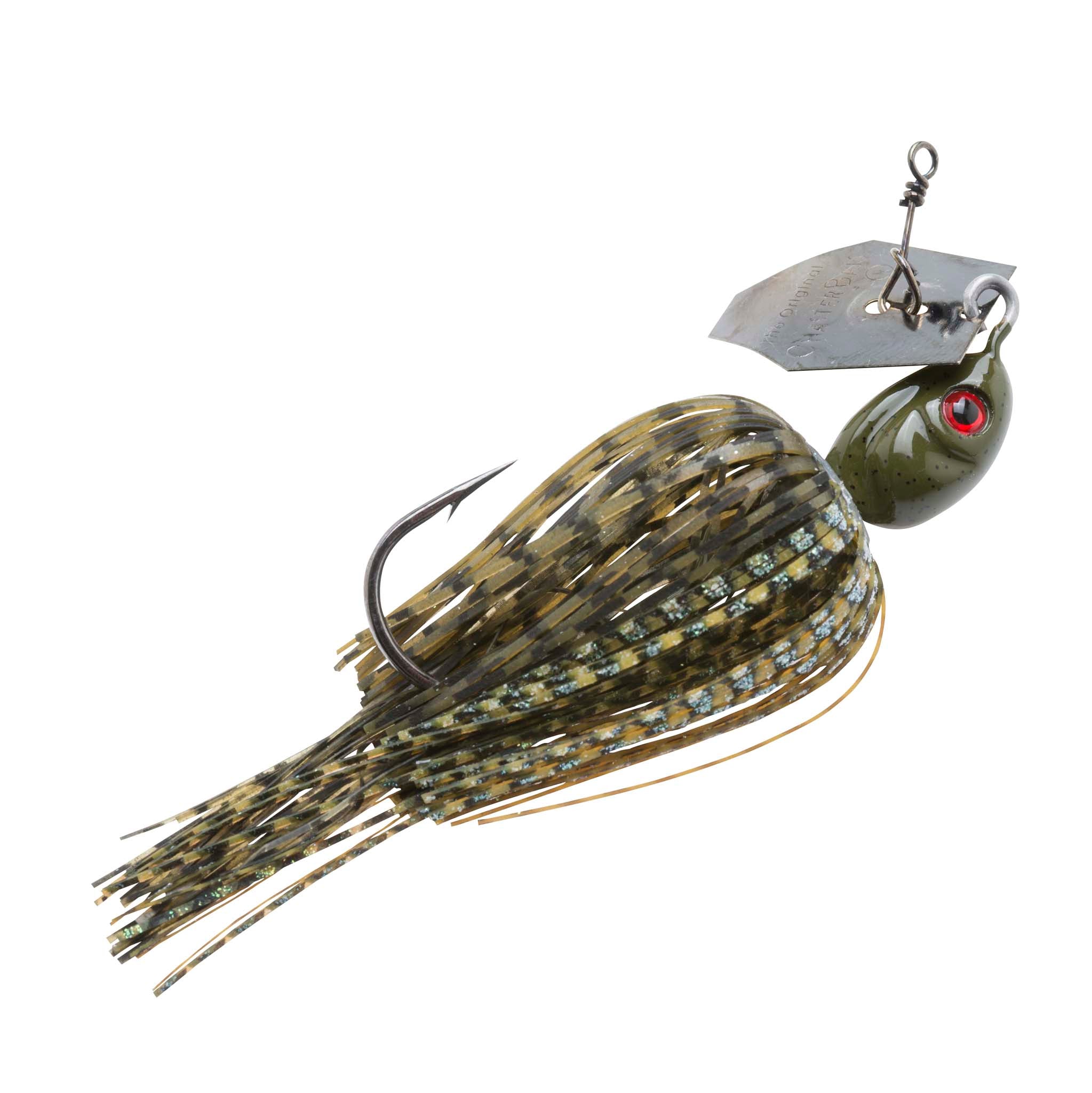 Chatterbait fishing lure with green head and red eye, dark olive-and-gold skirt