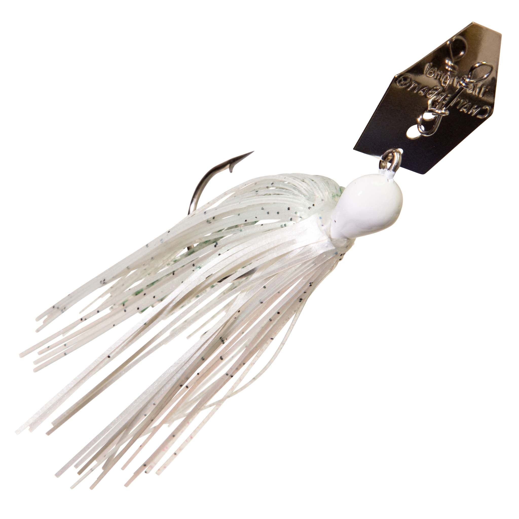 Chatterbait lure with white skirt and black speckles, white head, gold metal blade