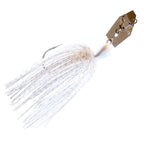 Chatterbait lure with white glittery skirt, white head, and gold metal blade
