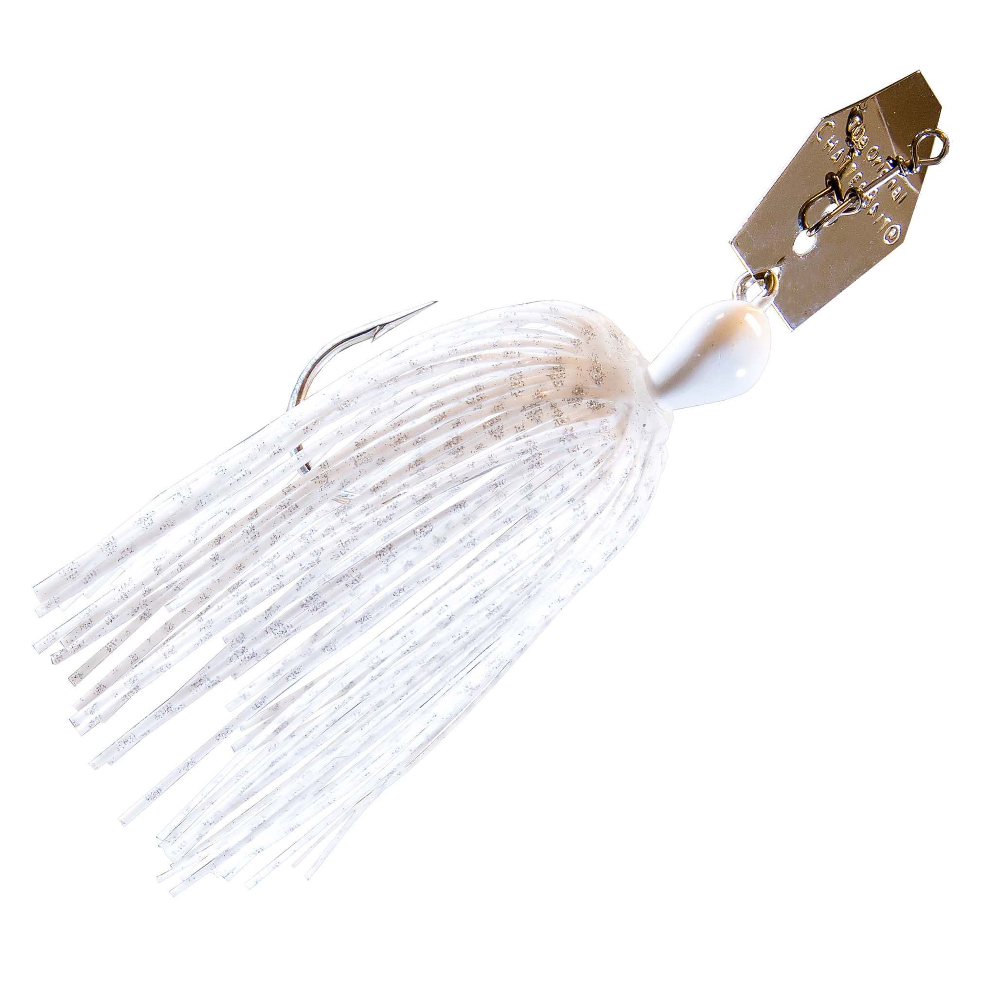 Chatterbait lure with white glittery skirt, white head, and gold metal blade