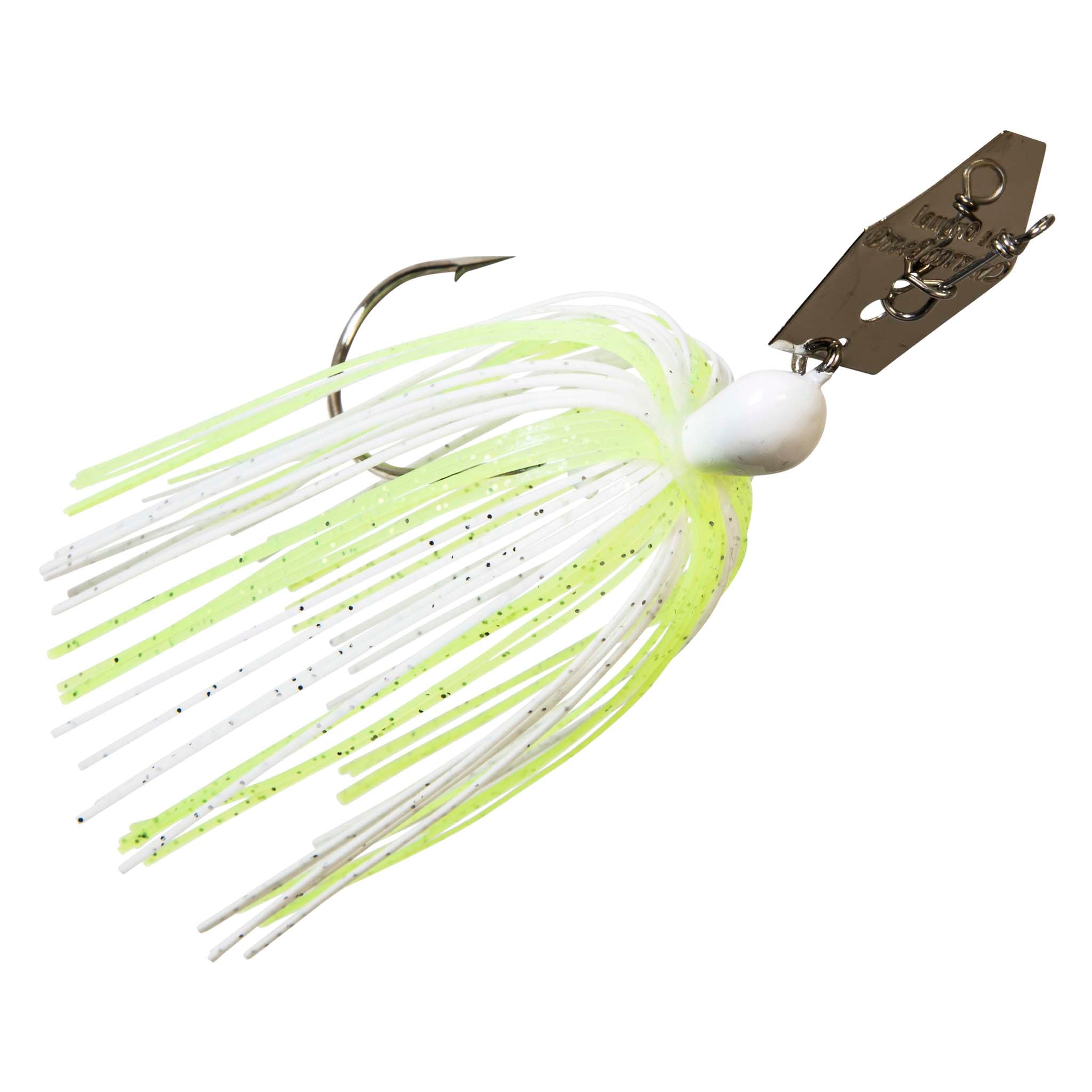 Chatterbait lure with chartreuse green skirt, white head, and dark metal blade