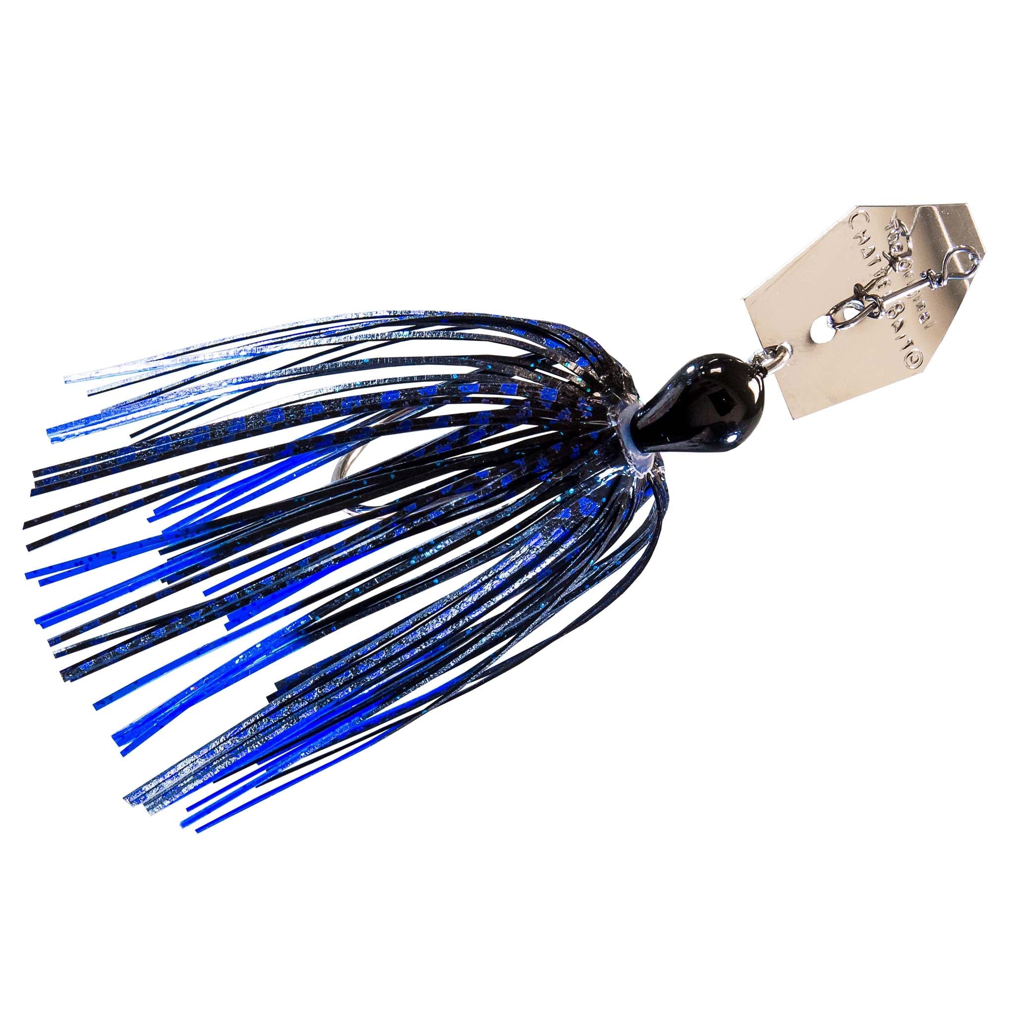 Chatterbait lure with blue black skirt and dark head, tan metal blade