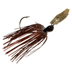 Chatterbait lure with brown skirt, dark head, and gold metal blade