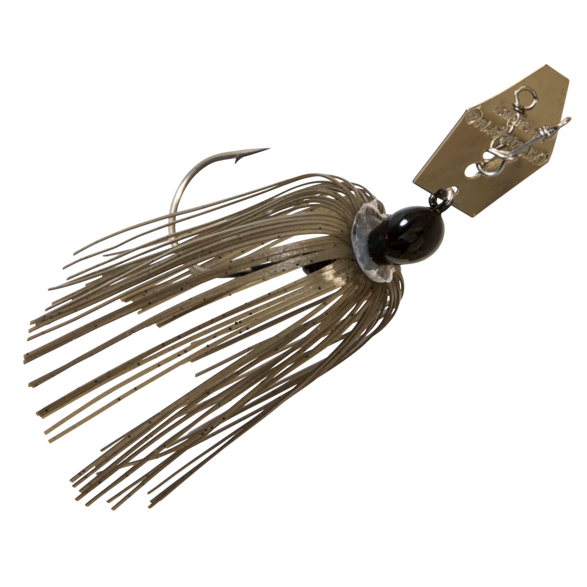 Chatterbait lure with green brown skirt, dark head, and gold metal blade