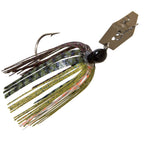 ChatterBait fishing lure, multicolor shimmer skirt, black head, gold spinner blade.