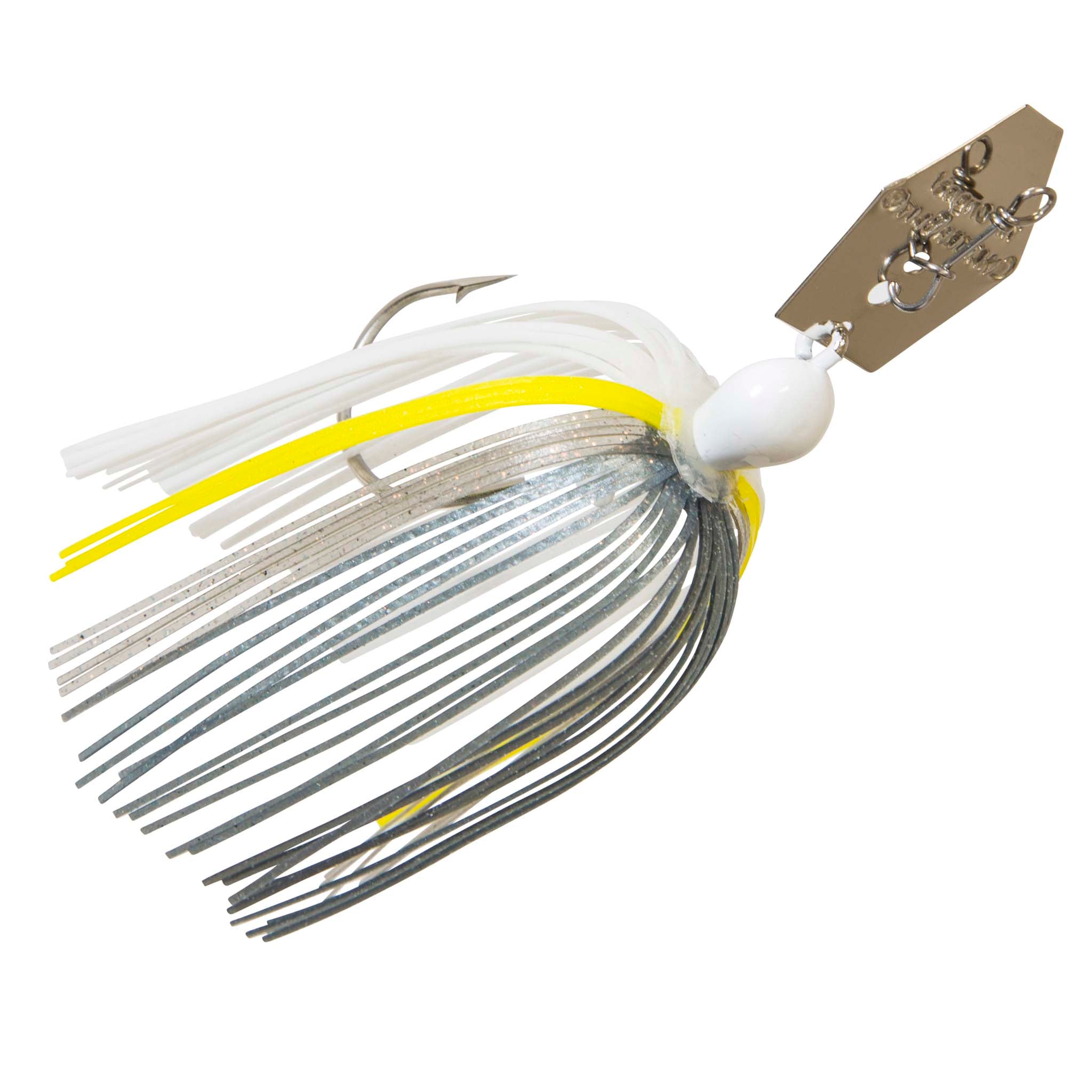 ChatterBait fishing lure, white and yellow striped skirt, black head, gold spinner blade.