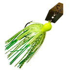 ChatterBait fishing lure, neon green skirt with chartreuse head, gold spinner blade.