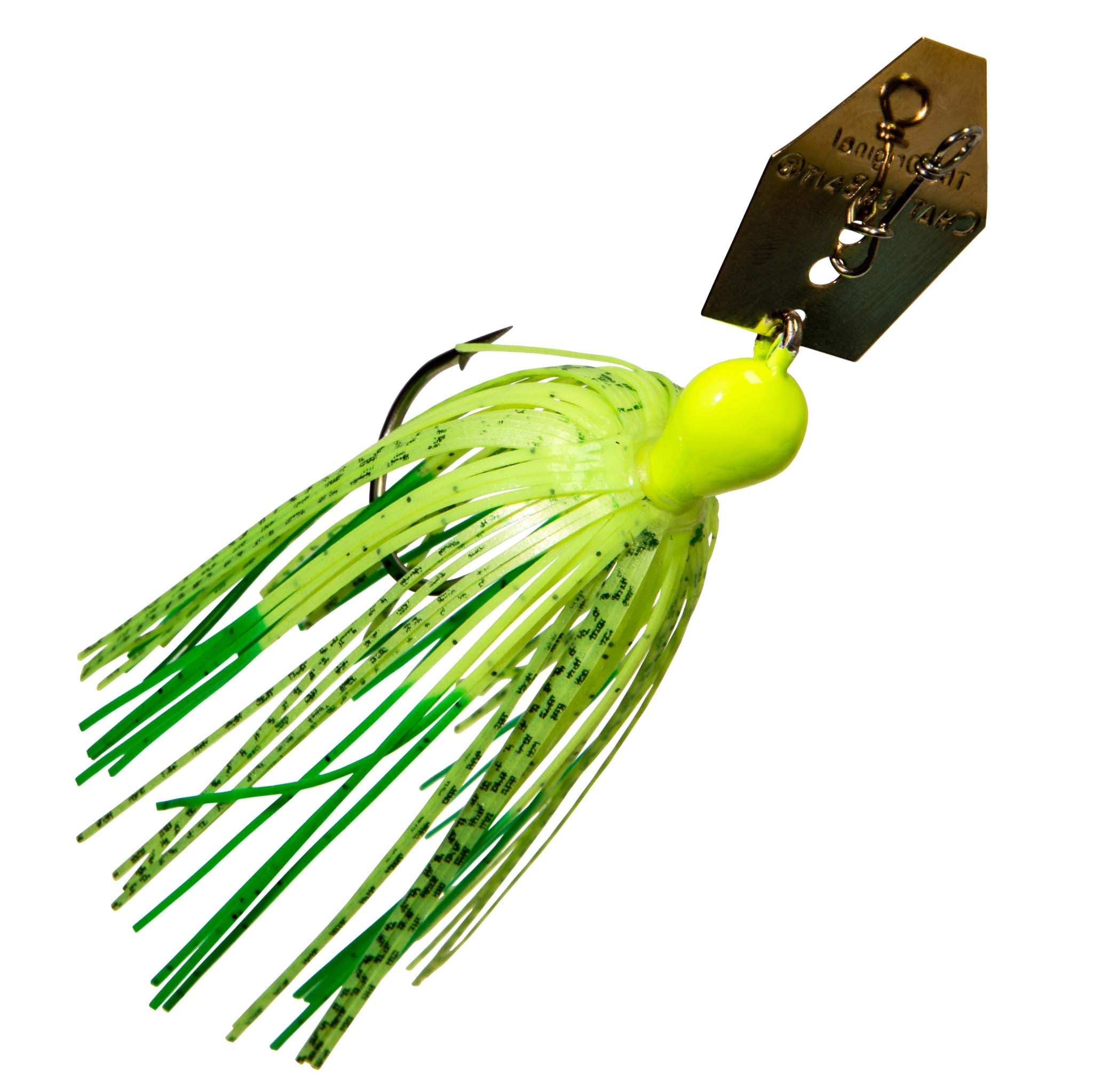 ChatterBait fishing lure, neon green skirt with chartreuse head, gold spinner blade.
