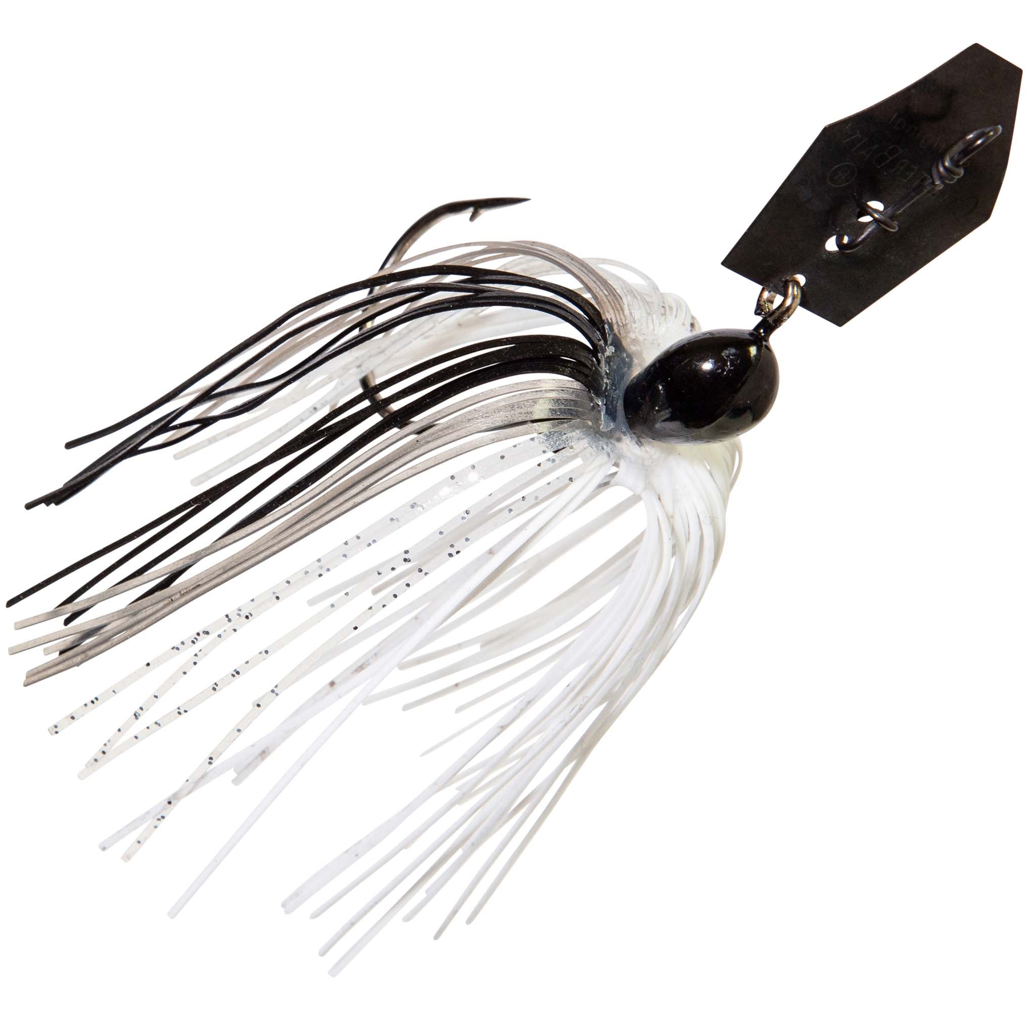 ChatterBait fishing lure, white skirt with silver speckles, black head, black spinner blade.