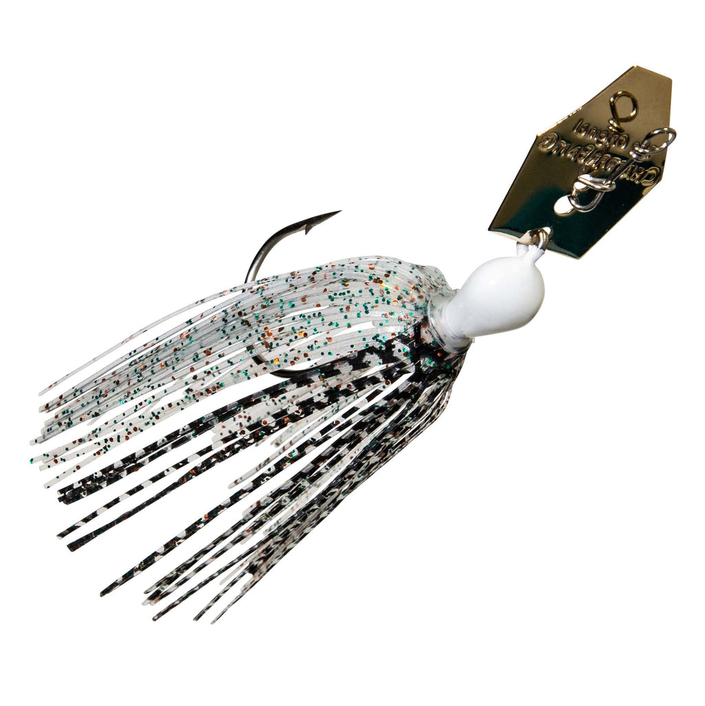 ChatterBait fishing lure, white and black speckled skirt, white head, gold spinner blade.