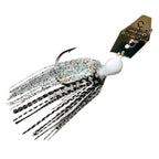 ChatterBait fishing lure, white and black speckled skirt, white head, gold spinner blade.