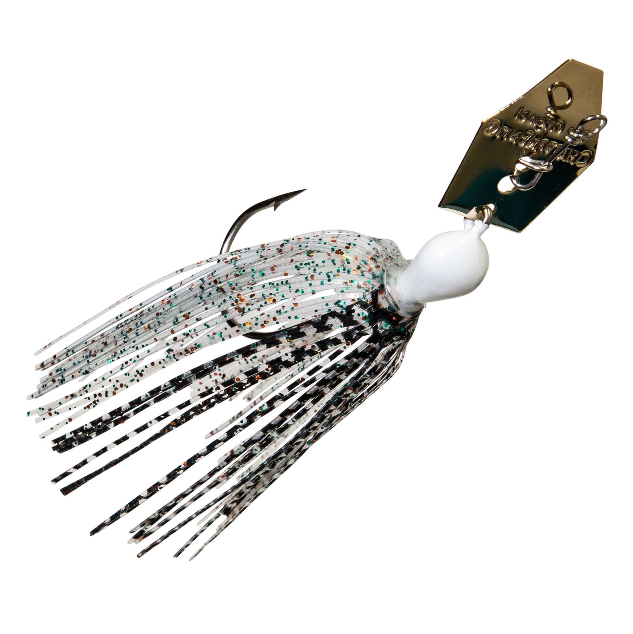 ChatterBait fishing lure, white and black speckled skirt, white head, gold spinner blade.