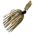 ChatterBait fishing lure, olive and gold skirt, black head, gold spinner blade.