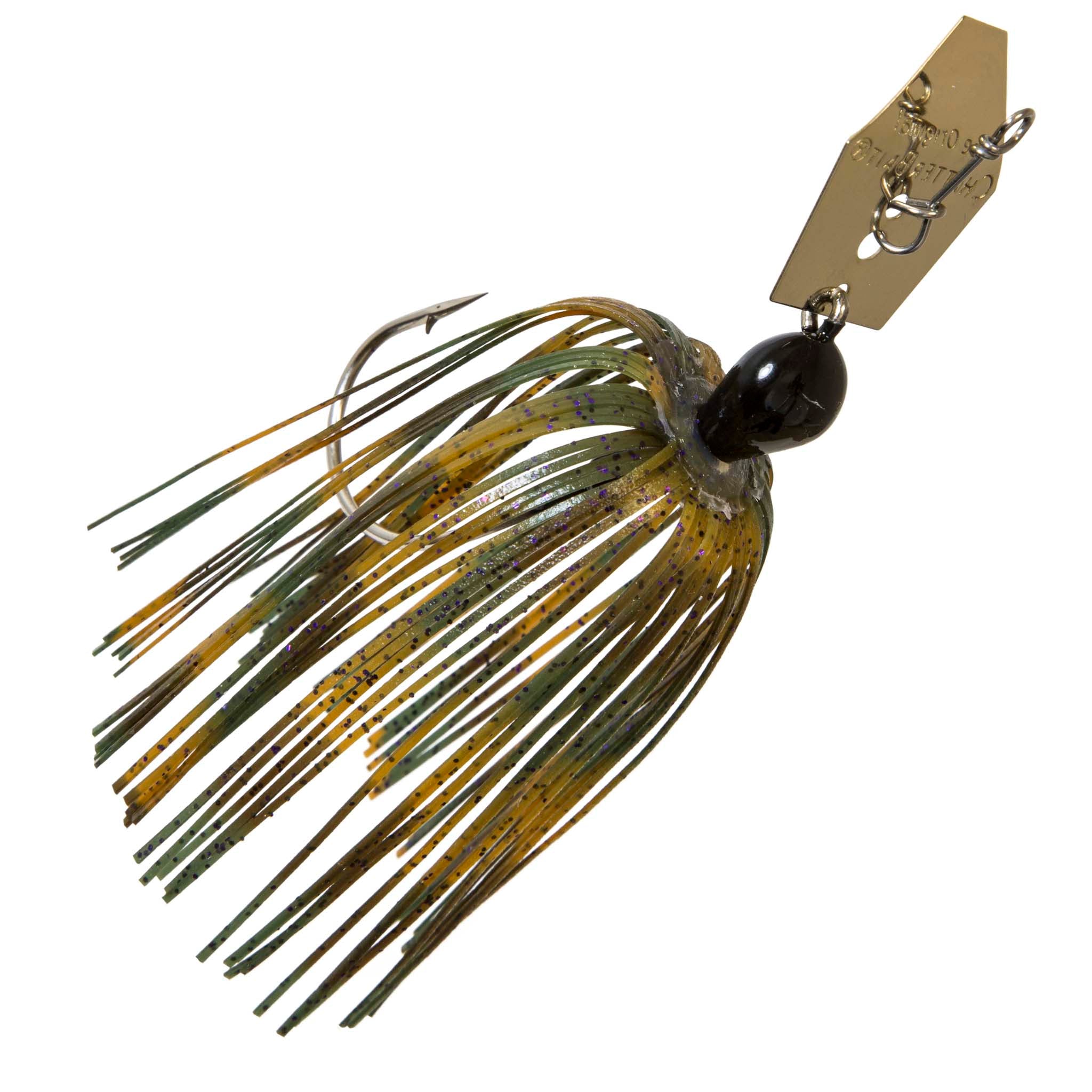 ChatterBait fishing lure, olive and gold skirt, black head, gold spinner blade.