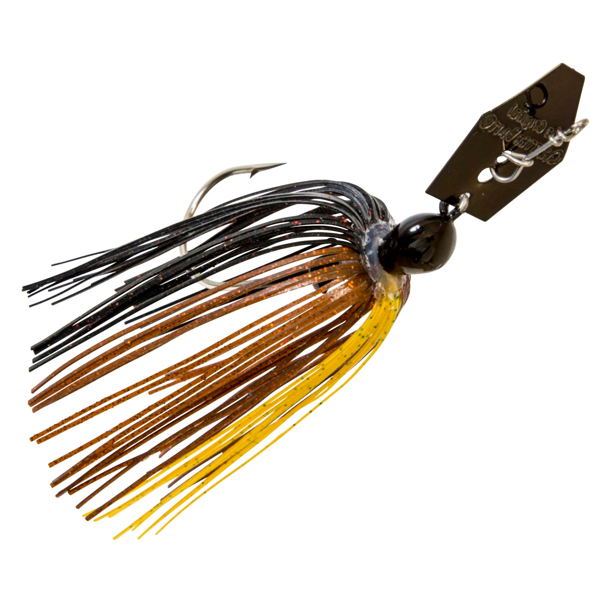 ChatterBait fishing lure, black and orange skirt, black head, gold spinner blade.