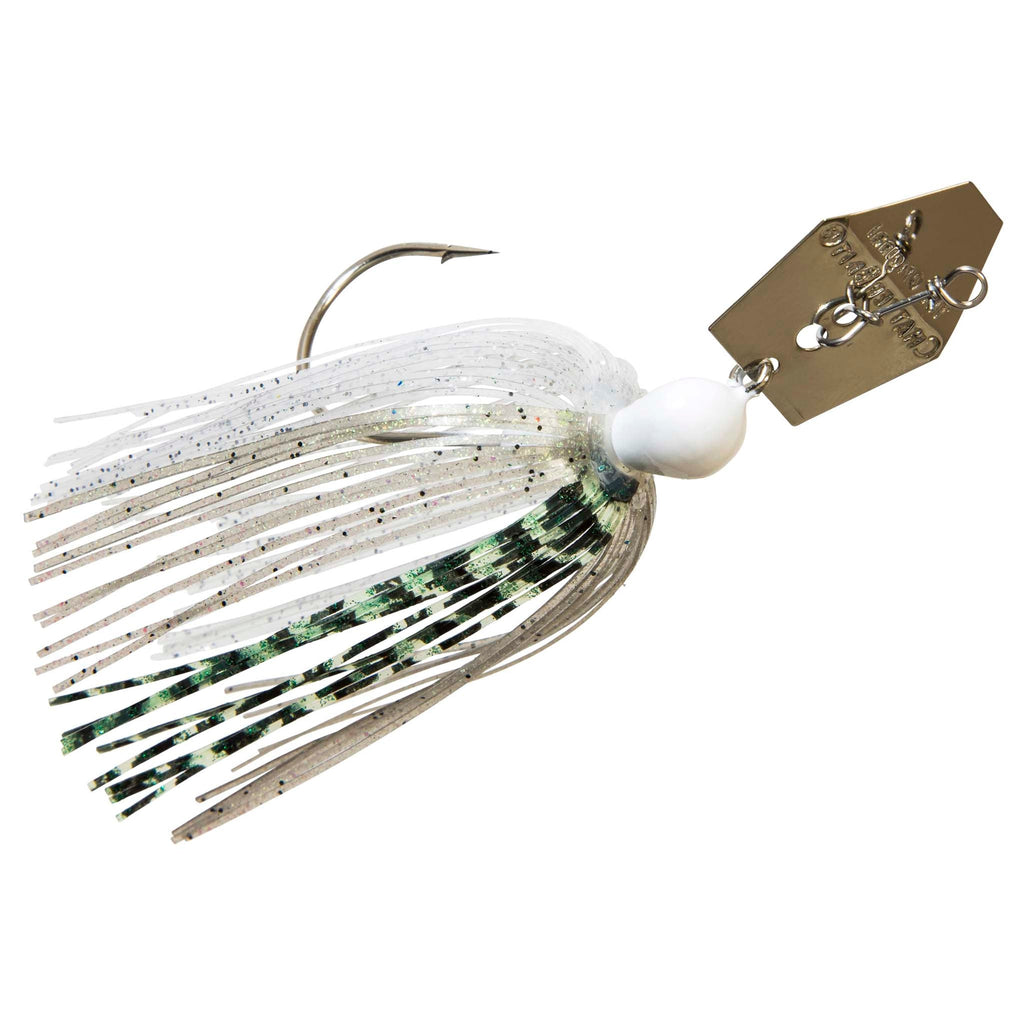 ChatterBait fishing lure, white skirt with green sparkle, white head, gold spinner blade.