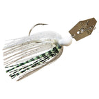 ChatterBait fishing lure, white skirt with green sparkle, white head, gold spinner blade.