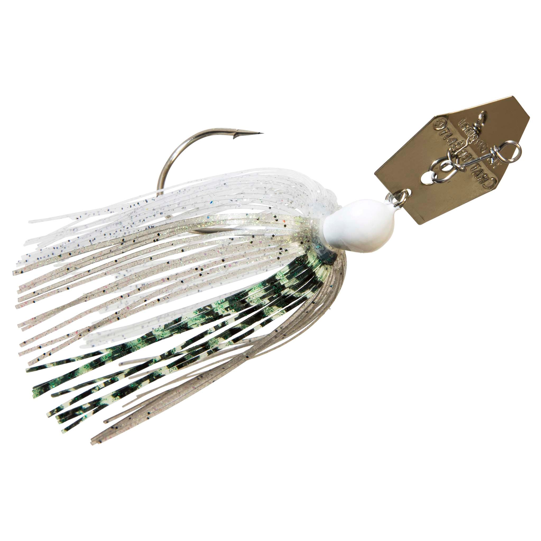 ChatterBait fishing lure, white skirt with green sparkle, white head, gold spinner blade.