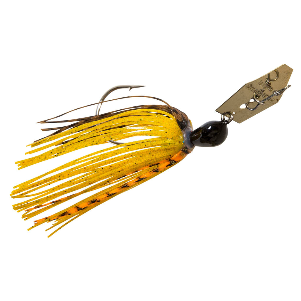 ChatterBait fishing lure, yellow-orange skirt, black head, gold spinner blade.