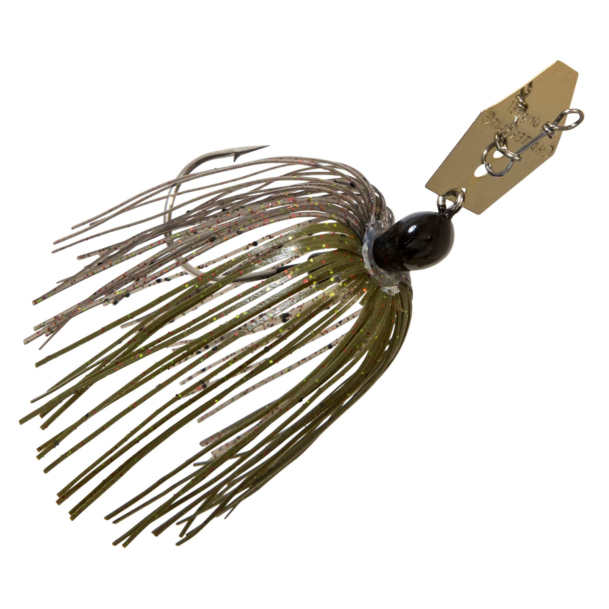 Original ChatterBait jig lure with green-and-olive skirt, black head, gold blade