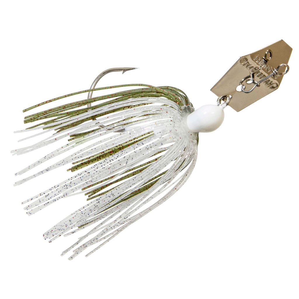 Original ChatterBait jig lure with white-and-green skirt, white head, gold blade