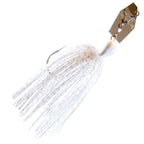 ChatterBait lure with translucent white sparkly skirt, white head, gold metal blade.