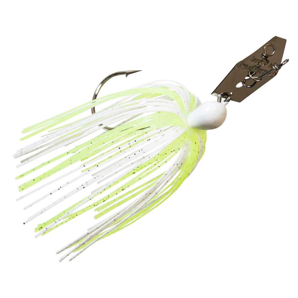 ChatterBait lure with chartreuse and white skirt, white head, gold metal blade.