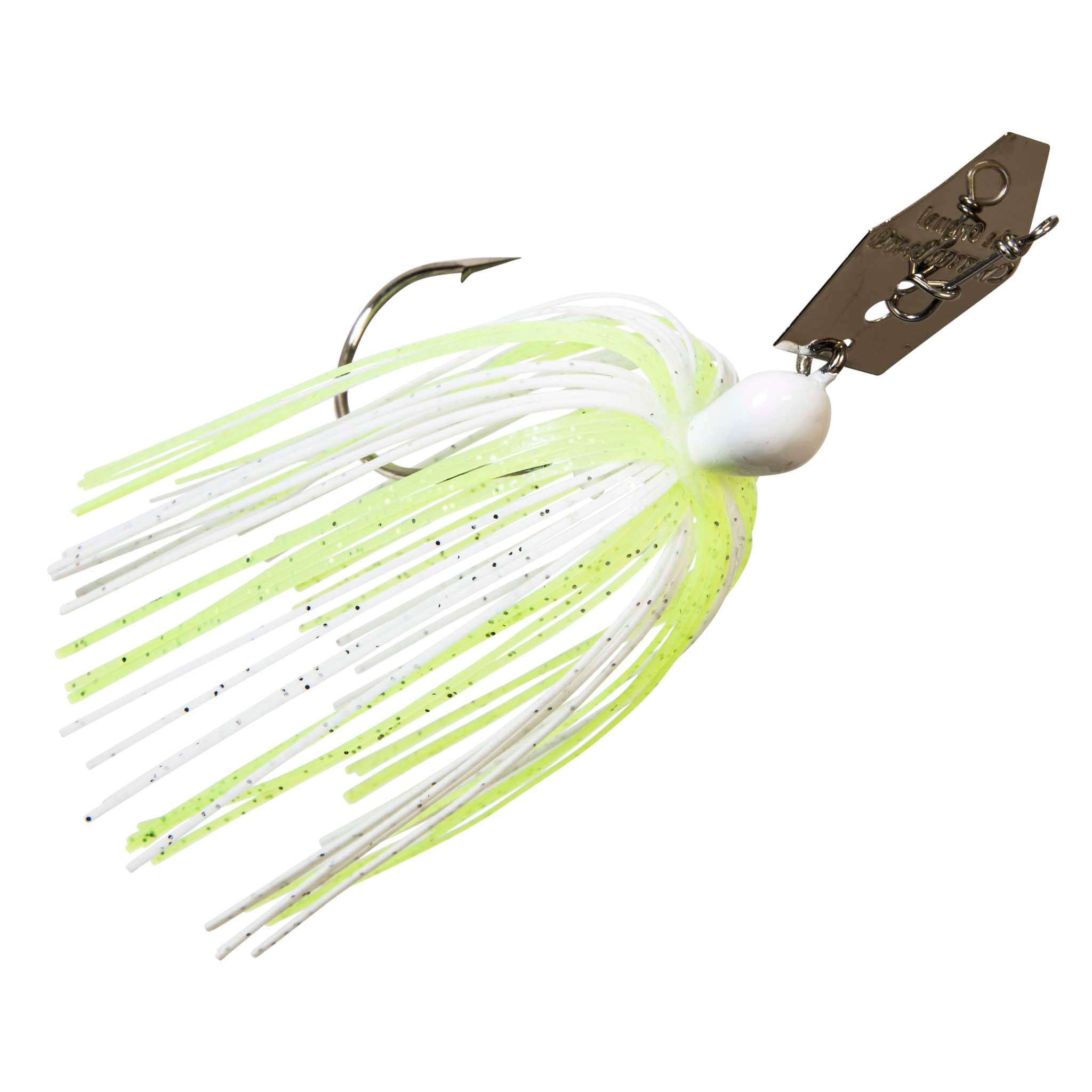 ChatterBait lure with chartreuse and white skirt, white head, gold metal blade.