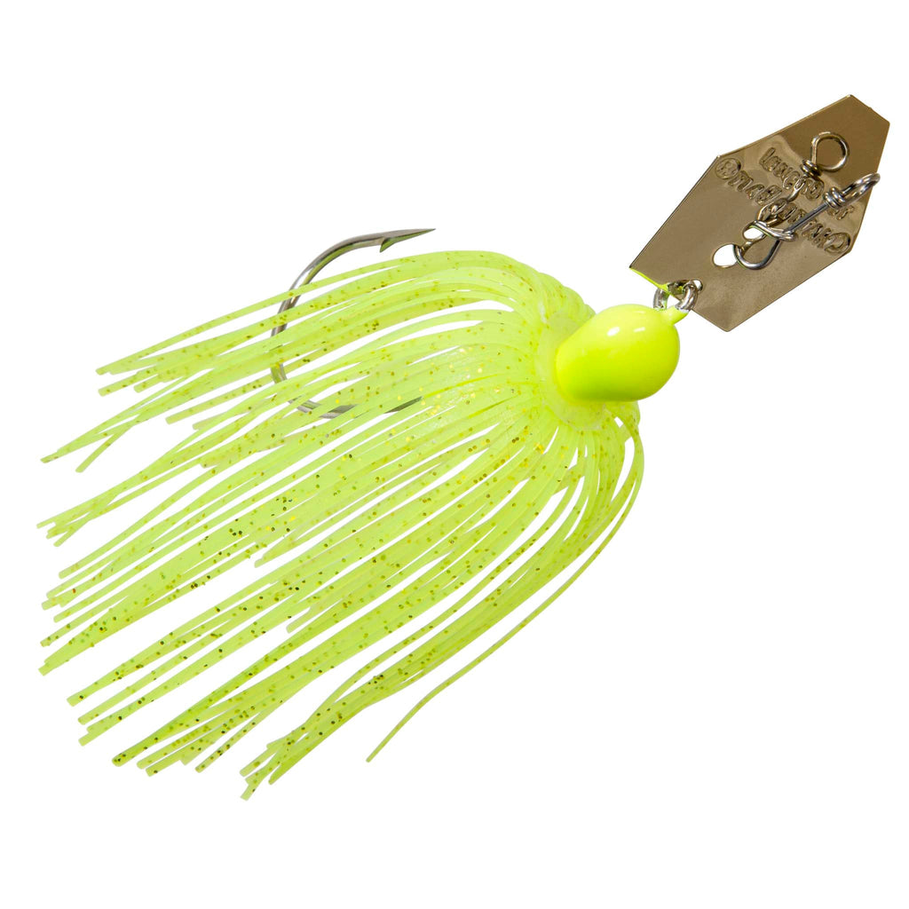 ChatterBait lure with bright chartreuse skirt and yellow-green head, gold metal blade.