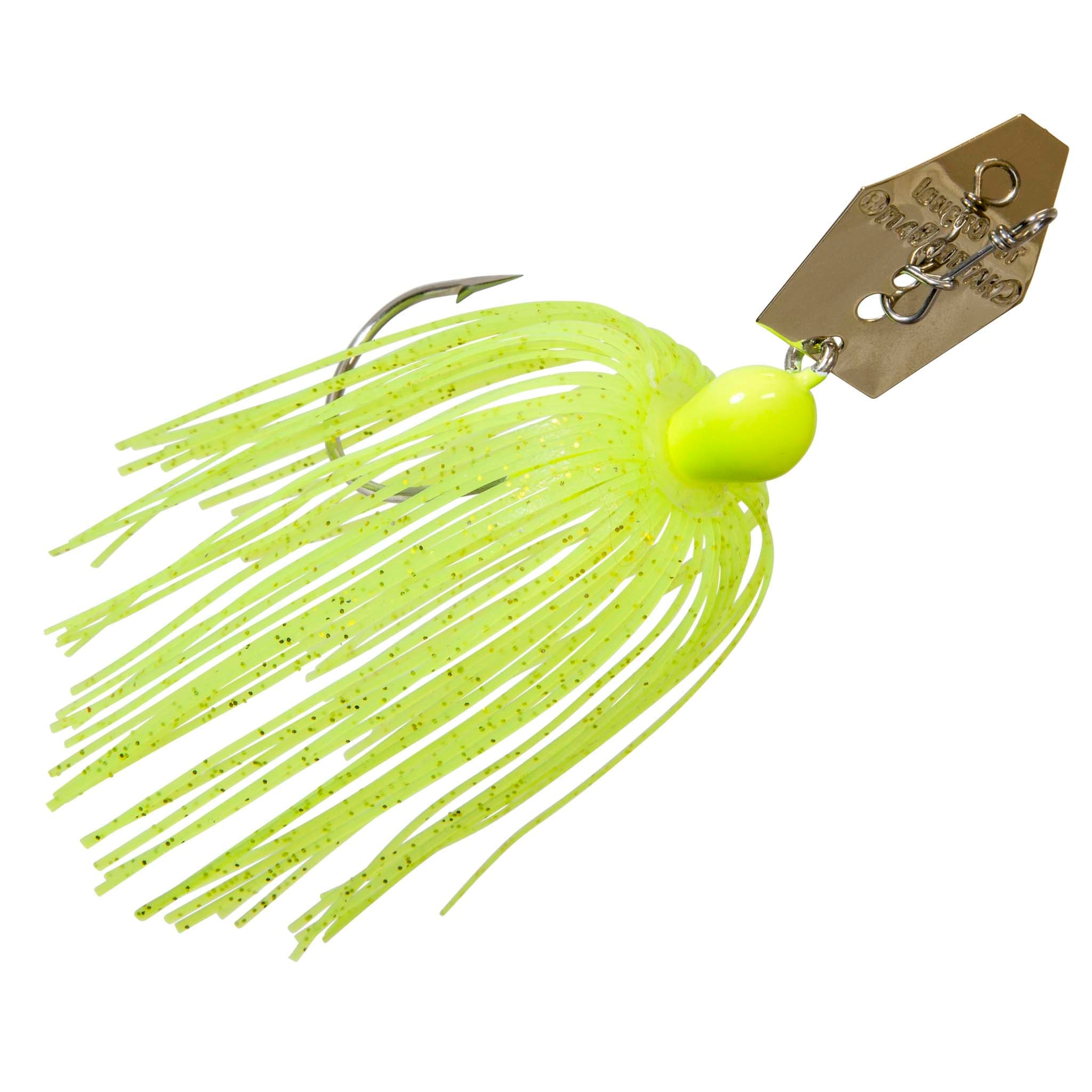 ChatterBait lure with bright chartreuse skirt and yellow-green head, gold metal blade.