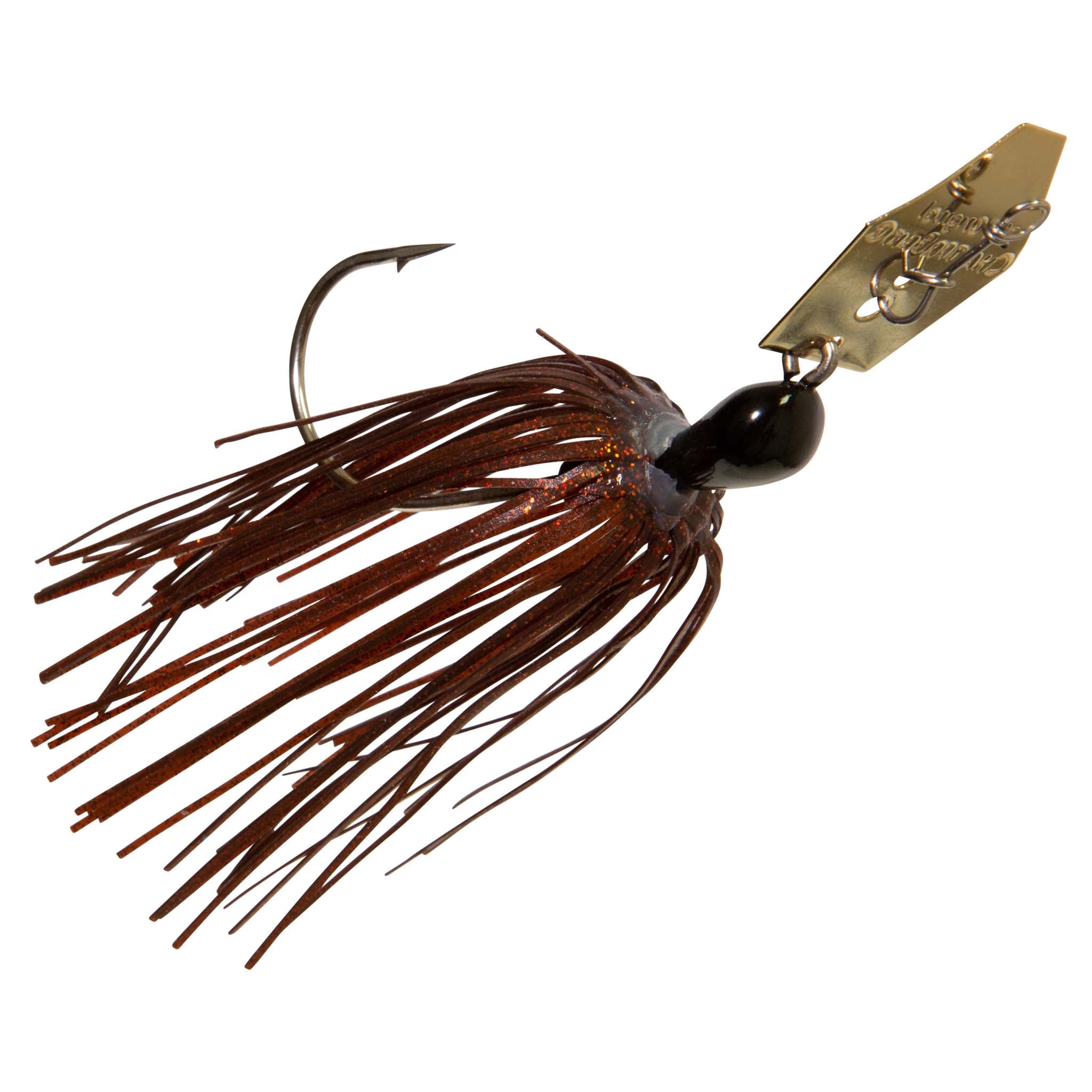 ChatterBait lure with brown skirt and black head, gold metal blade with treble hooks.
