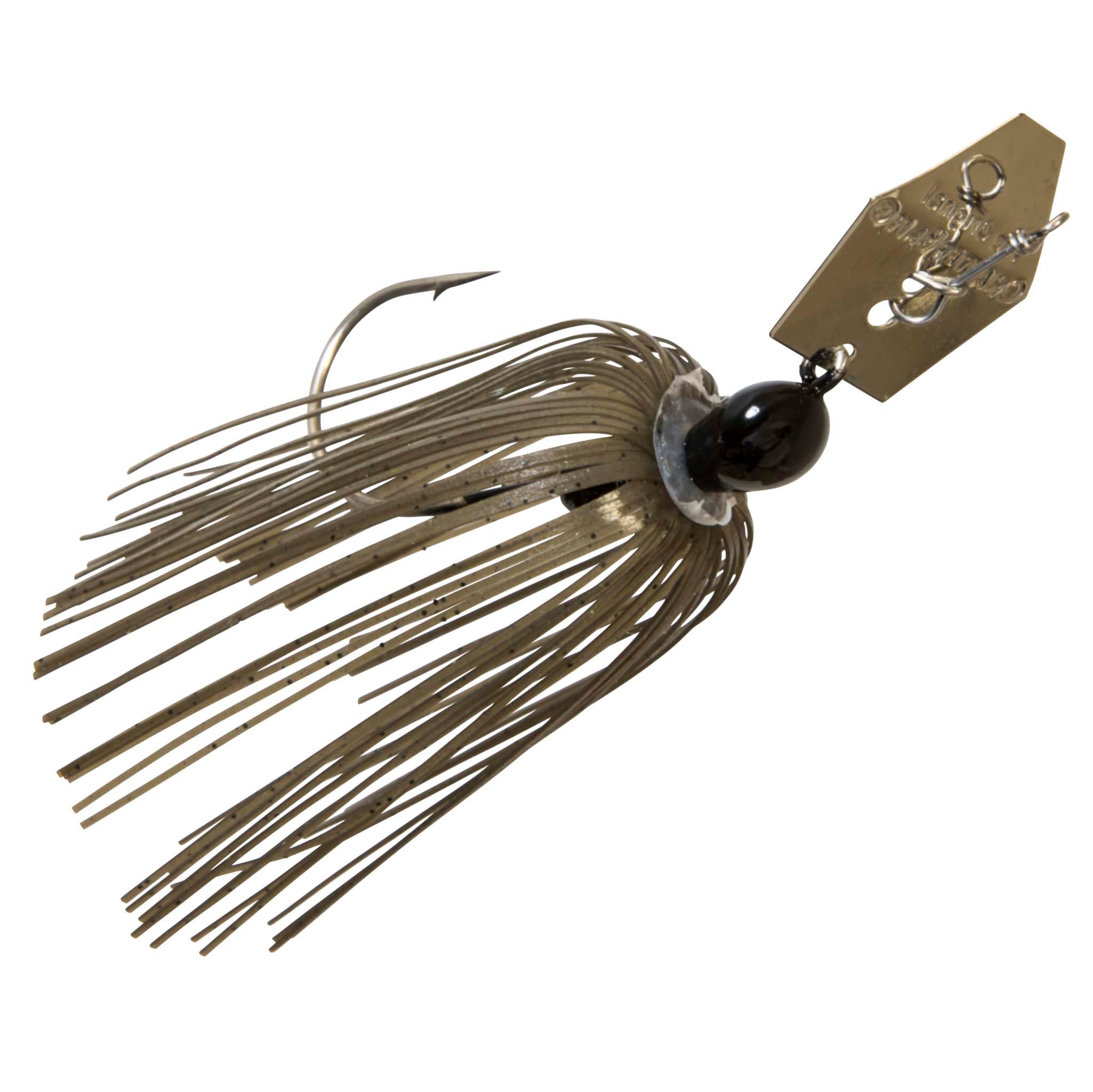 ChatterBait lure with gray-brown skirt and black head, gold metal blade with treble hooks.