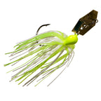 Lime green chatterbait with long skirt, dark blade, and attached hook