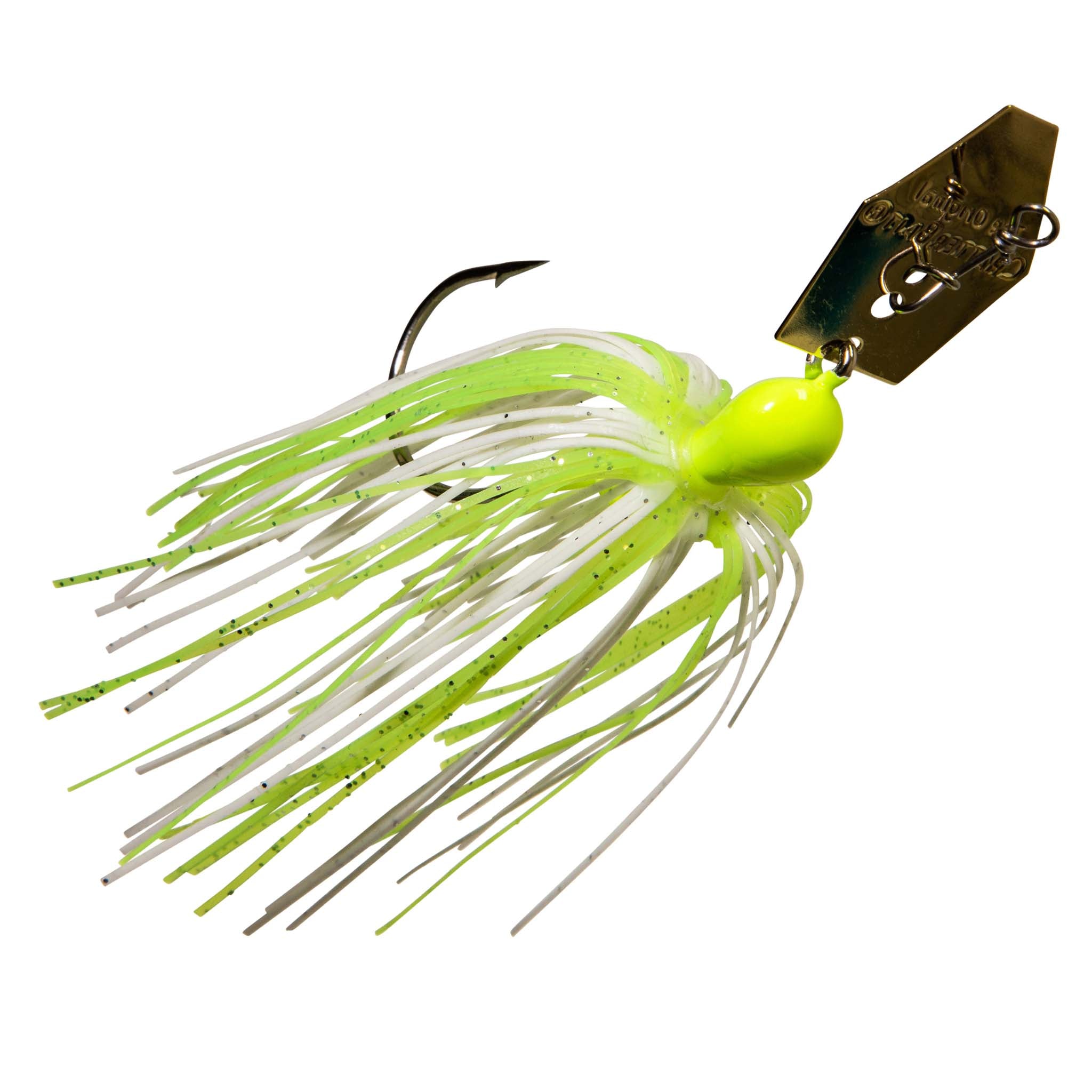 Lime green chatterbait with long skirt, dark blade, and attached hook