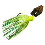 Chartreuse chatterbait with speckled skirt, gold blade, and hook