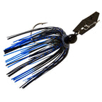Blue and black chatterbait with glitter skirt, dark blade, and single hook