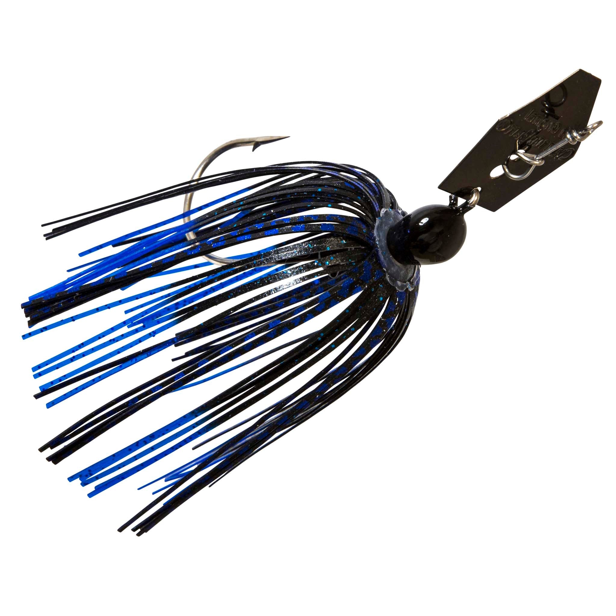 Blue and black chatterbait with glitter skirt, dark blade, and single hook