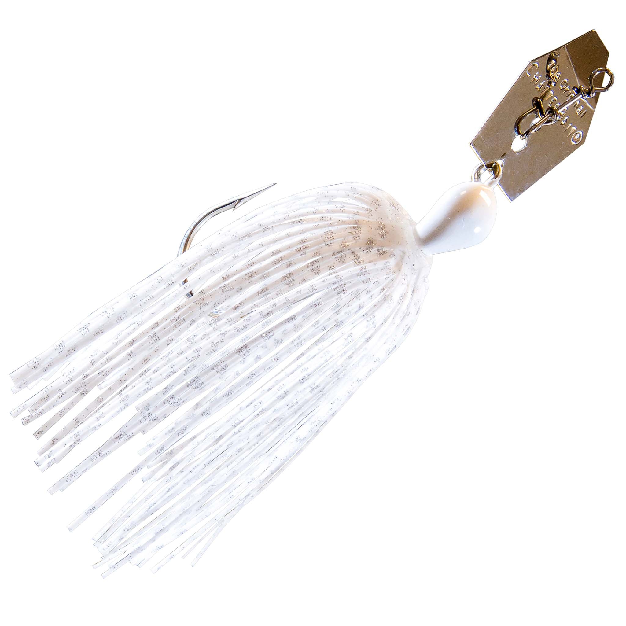 White chatterbait with translucent skirt strands, gold blade, and hook