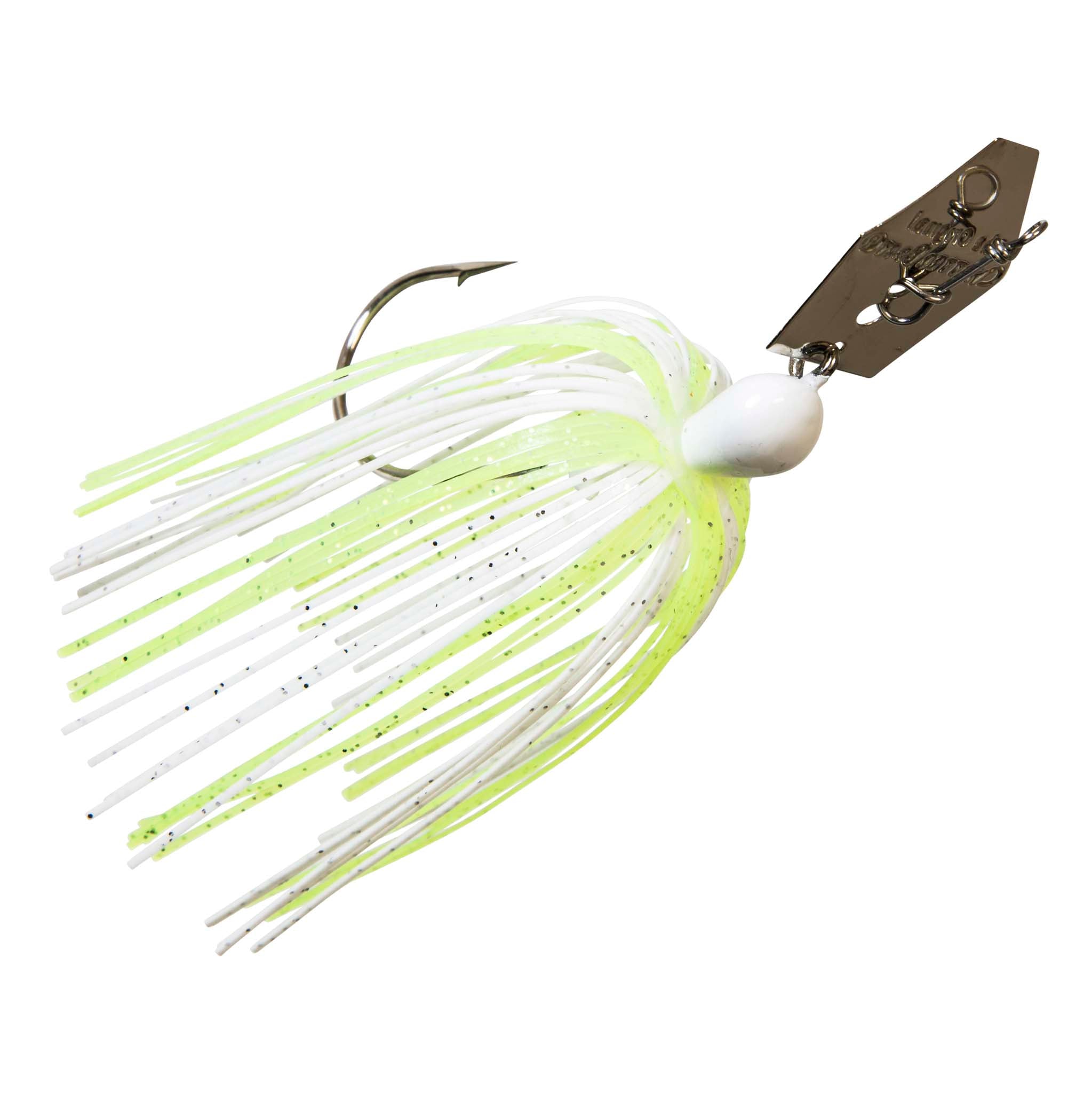 Chartreuse chatterbait with white skirt strands, dark blade, and hook
