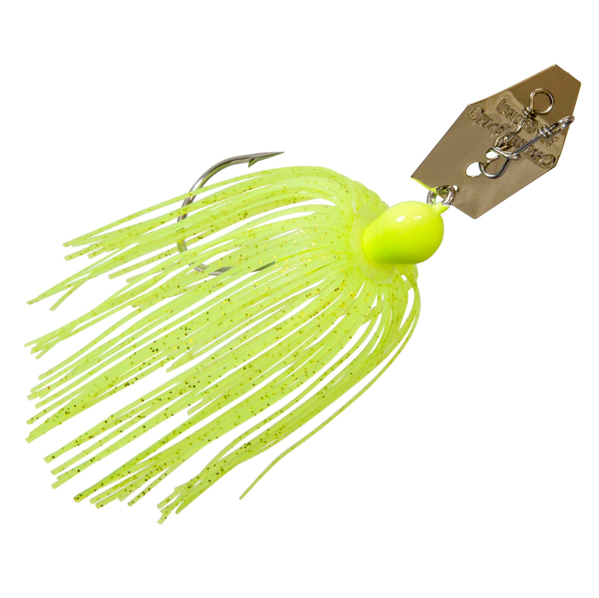 Lime green chatterbait with long skirt, gold blade, and hook