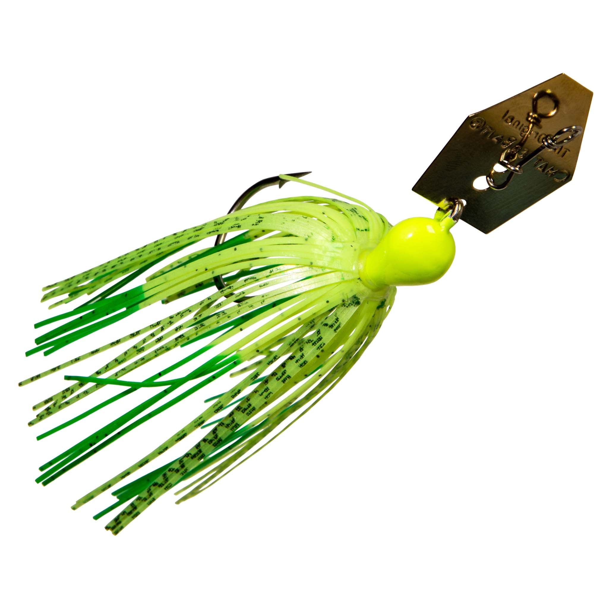 Chatterbait lure with chartreuse green skirt and gold metal blade, single hook