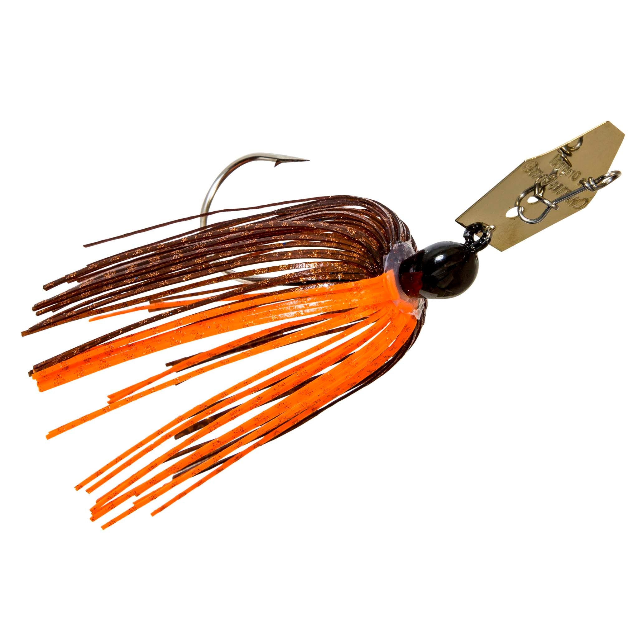 Chatterbait lure with orange skirt, dark head, and gold metal blade