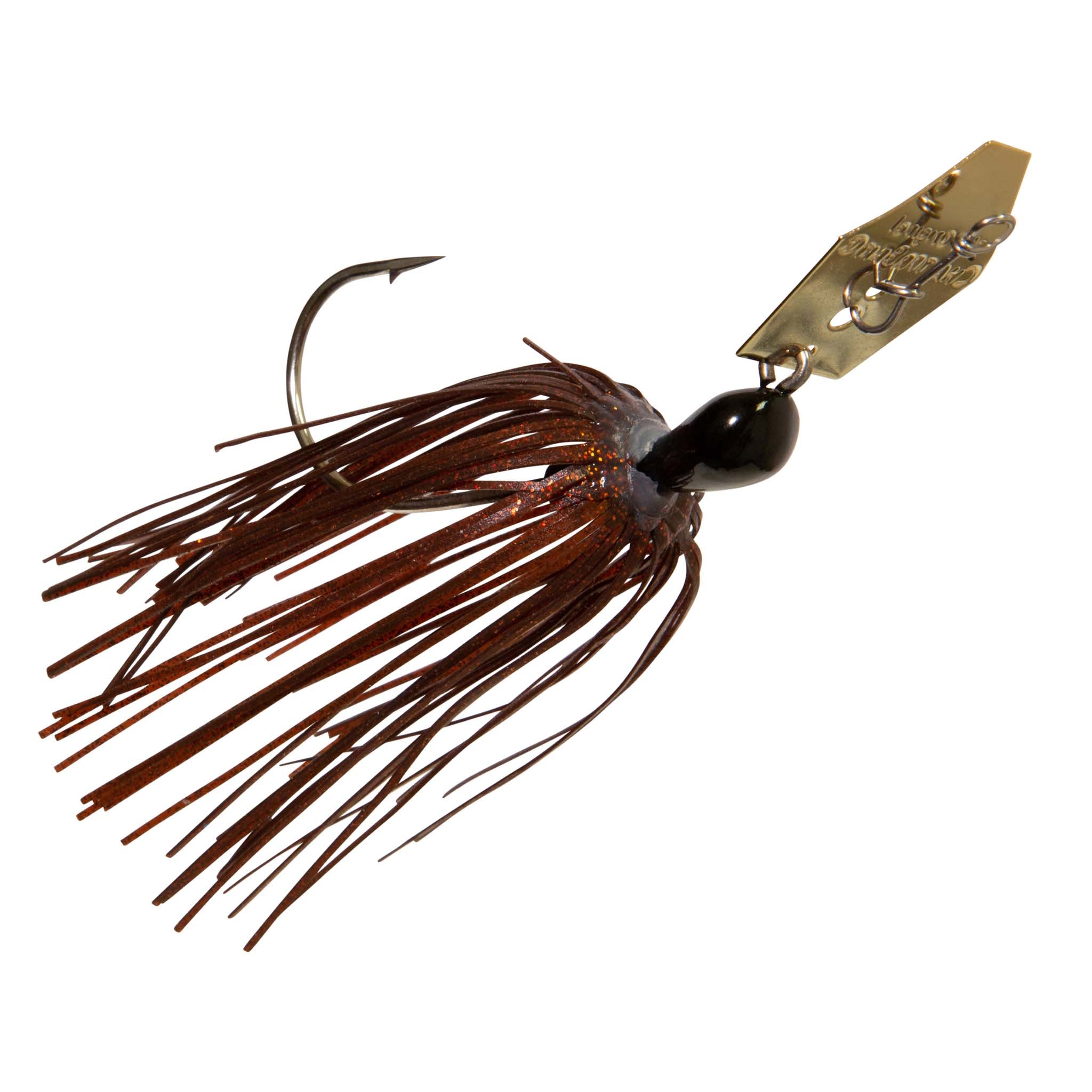 Brown and black chatterbait with long brown skirt, gold blade, and hook