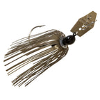 Olive-brown chatterbait with long skirt strands, gold blade, and hook