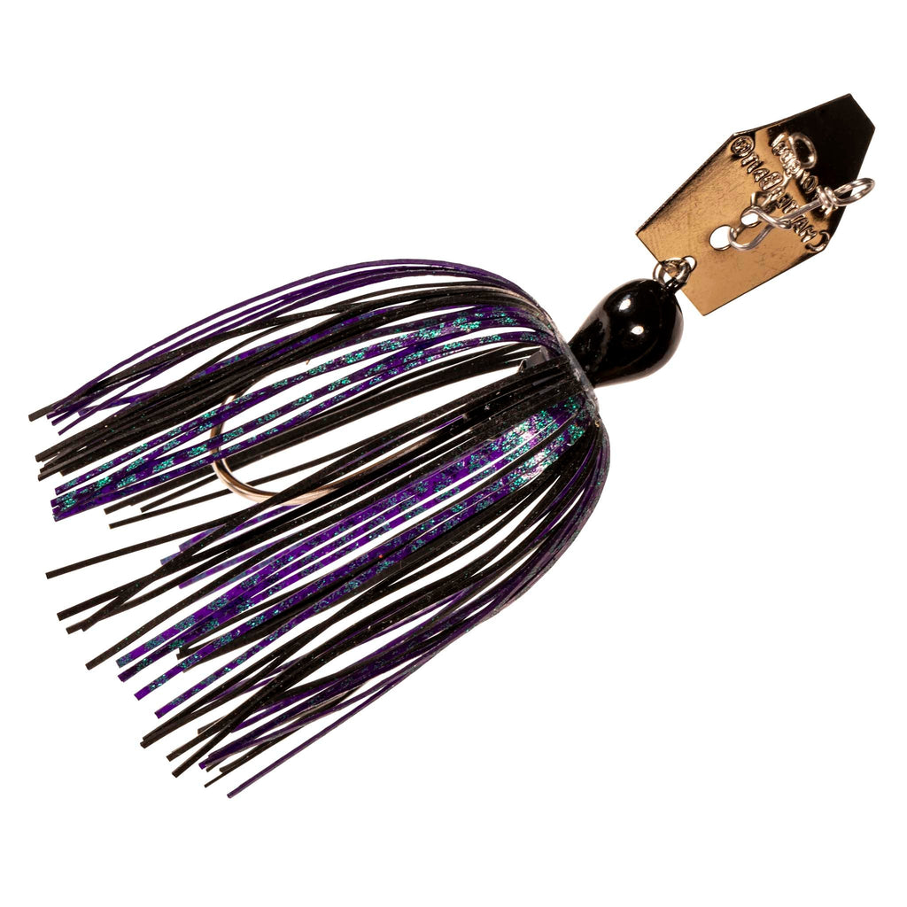 Original ChatterBait fishing lure with black head, purple/black skirt, gold spinner blade.