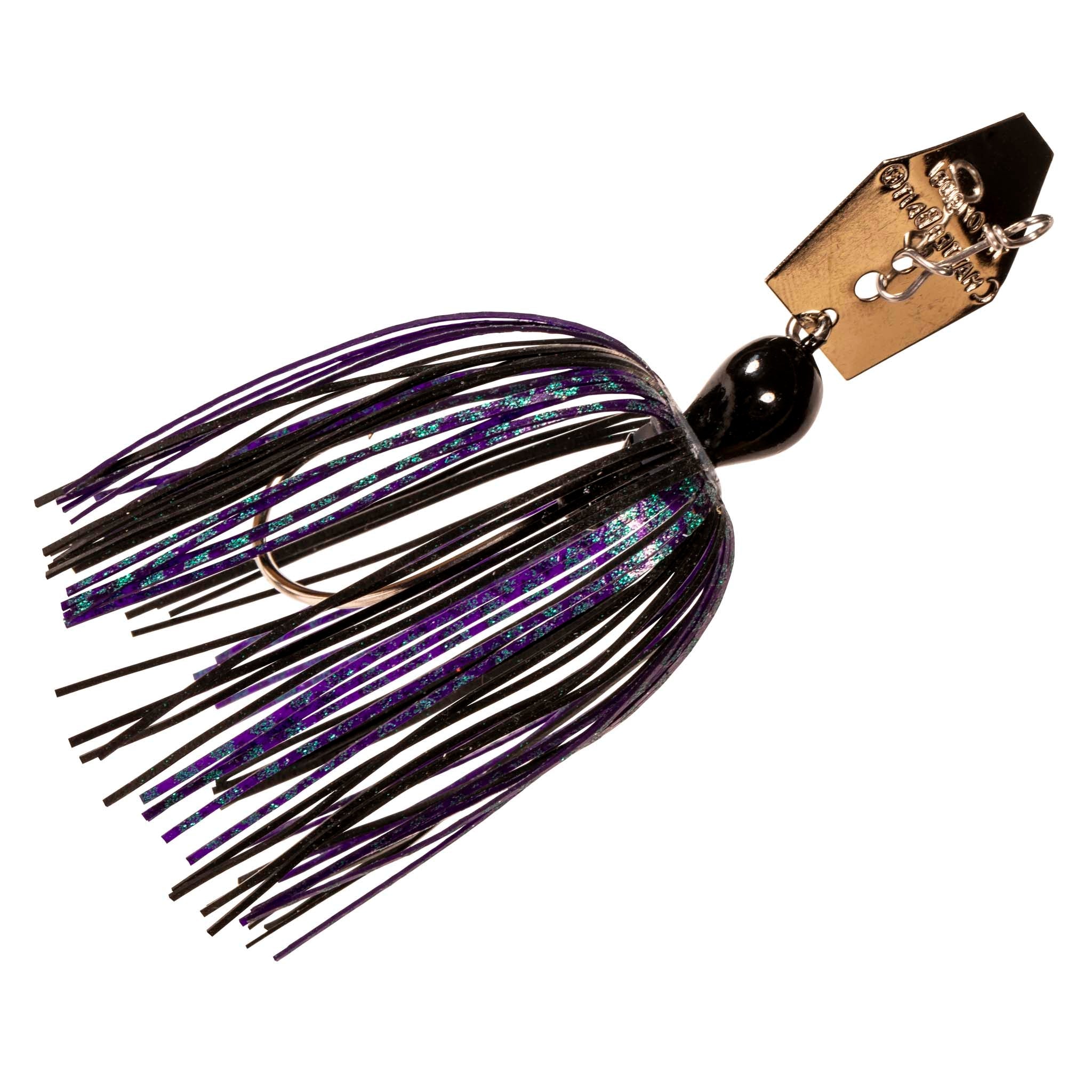 Original ChatterBait fishing lure with black head, purple/black skirt, gold spinner blade.