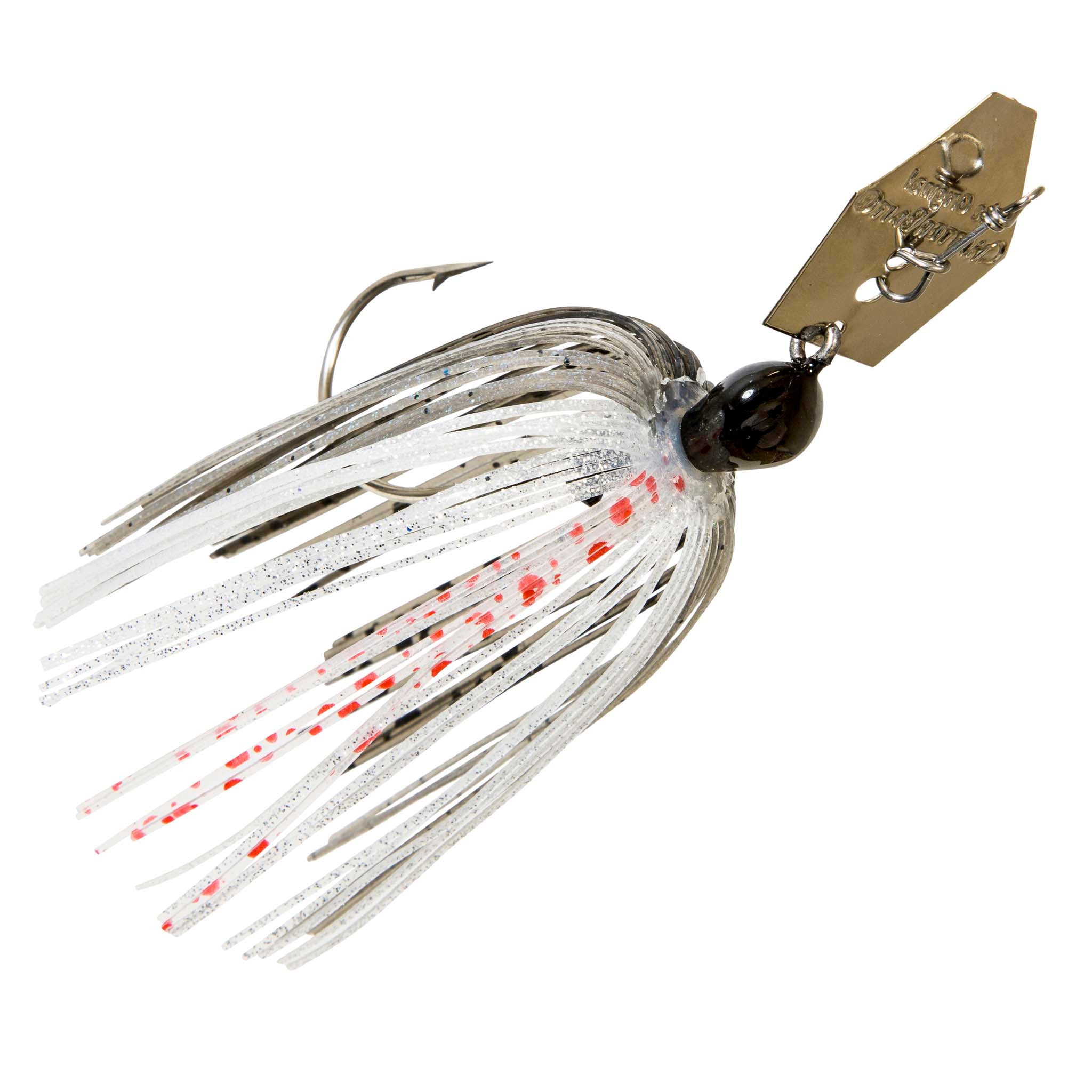 Original ChatterBait fishing lure with white skirt, speckled red accents, gold spinner blade.