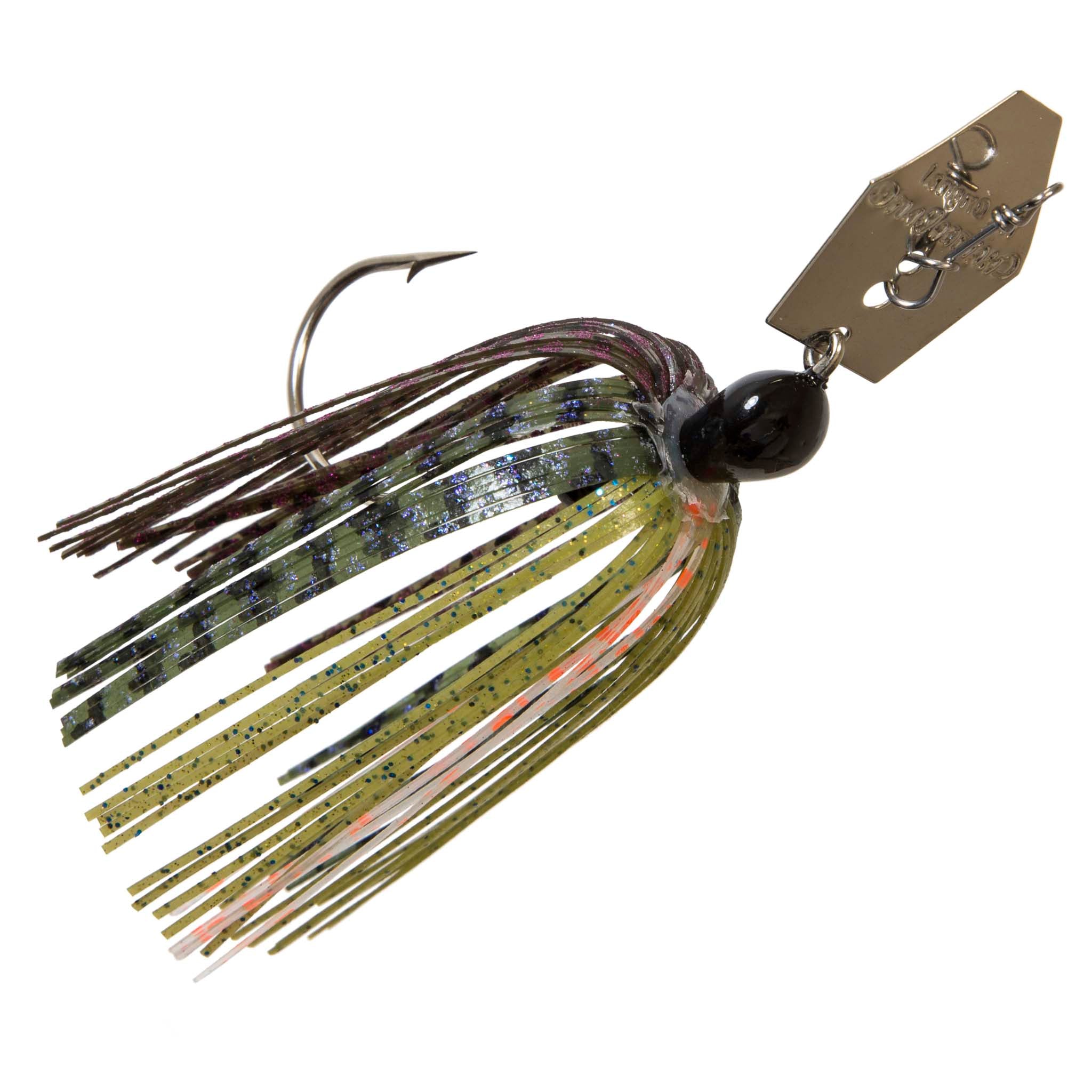 Original ChatterBait fishing lure with black head, multicolor skirt with green and purple highlights.